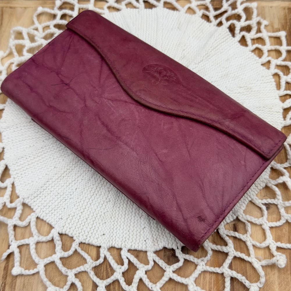 Buxton Wallet Burgundy Leather Trifold Kiss Lock Clutch Vintage OS Organizer